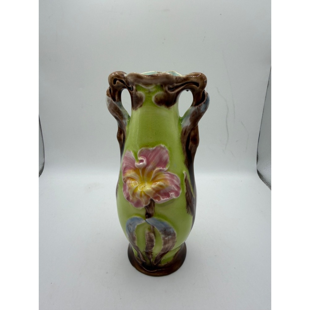 Vintage Majolica Style Floral Pottery Vase Double Handle Green Pink